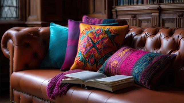Cozy reading nook with colorful cushions and an open book in a warmly lit library setting