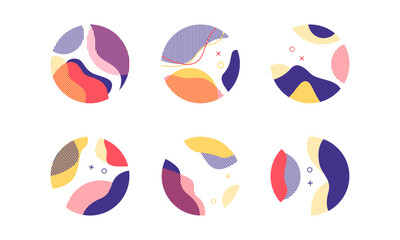 Set of abstract modern graphic circle elements. Dynamical colored around forms and line. Gradient abstract background flowing liquid shapes. Template for the design of a flyer, presentation. Vector.