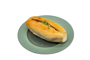 Appetizing Sausage Roll: a culinary masterpiece of a sausage roll, a tantalizing dish atop a pastel...