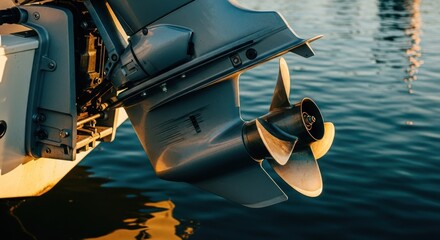 Close-up of boat outboard motor and propeller