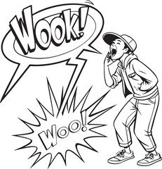 Young man shouting with speech bubble in comic style illustration – expressive talking or yelling cartoon concept