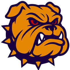 Fierce bulldog mascot with red eyes, bared teeth, and spiked collar in bold orange and purple tones.