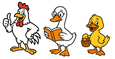 delightful group of animated farm birds: a happy white chicken, an intellectual goose with spectacles, and a cute yellow duckling