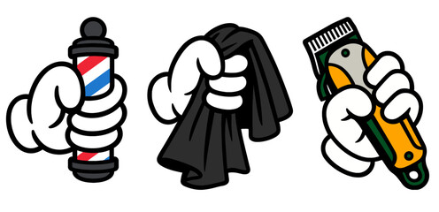 Three white cartoon gloved hands holding barber tools: a classic red, white, and blue barber pole, a black barber cape, and an electric hair clipper.