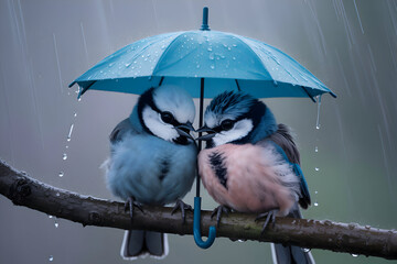 Adorable Blue Birds Sharing Umbrella in Rain
