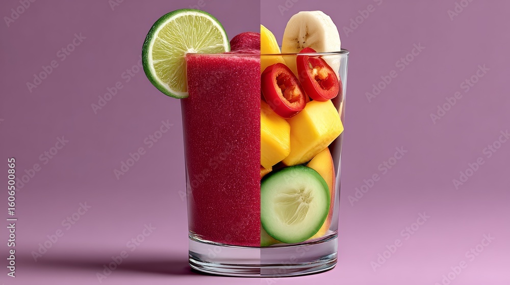 Poster glass of fruit juice with a lime wedge on the left and a banana slice on the right