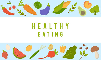 Healthy food set. Vegetables, fruits, milk, mushrooms and fish collection. Natural organic nutrition. Fresh vitamin grocery products. Colored flat vector illustration isolated on white background