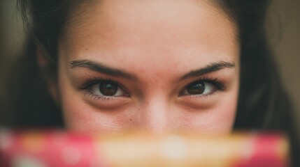 Mischievous Latina woman's eyes peek over vibrant colors, echoing Dia de los Muertos and hinting at whispered secrets