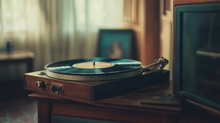 Vintage record player on a wooden cabinet.
