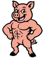 Buff pig character with huge arms and a confident smile, standing tall with hands on hips