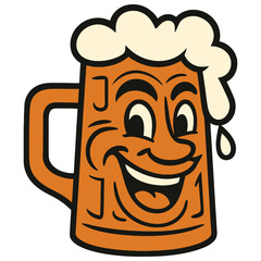 Cartoon beer mug with frothy foam and cheerful facial features, smiling widely.