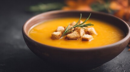 Creamy golden pumpkin soup crowned with rustic croutons evokes cozy Festive Gourds Day and misty autumnal equinox gatherings