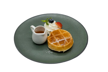 Exquisite Waffle Delight: A delectable waffle creation is beautifully presented, featuring a...