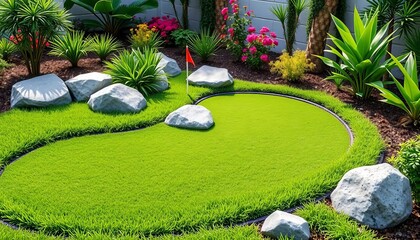 Lush green artificial turf miniature golf course with decorative rocks, green, putting