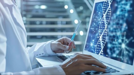 scientist in white coats is working with a pipette and test tubes in a modern laboratory, a dna double helix graphic displayed on a computer monitor. DNA molecule - Powered by Adobe
