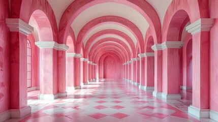 Arched pink hall. Columns align the corridor, with diamond-tiled floor and windows