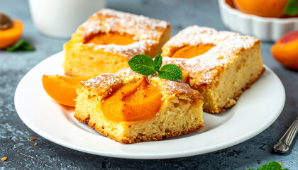 Apricot dessert squares with mint garnish. Tasty sweet food.