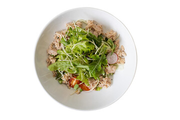 Healthy Tuna Salad on Plate: A top-down shot captures a vibrant and appetizing healthy tuna salad, a perfect blend of textures and flavors, served on a pristine white plate.