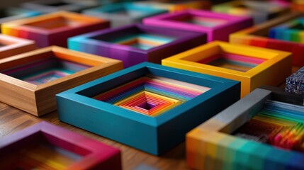Colorful nested boxes arranged artistically on a wooden surface showcasing vibrant layers