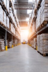Sunlit warehouse aisle, towering stacks of inventory whispering secrets, International Supply Chain Day, perspective on logistics' hidden symphony