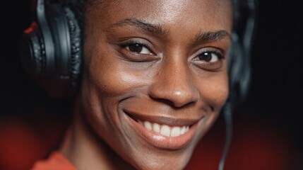 Smiling woman in headphones, immersed in soulful rhythms, evokes the spirit of Afrofuturism and festive Juneteenth celebrations