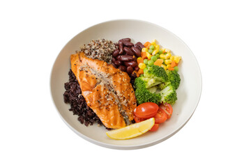 Nutritious Salmon Meal: A mouthwatering plate showcases a perfectly grilled salmon fillet alongside a vibrant medley of fresh, healthy ingredients: grains, beans, corn, broccoli, tomatoes, and lemon.