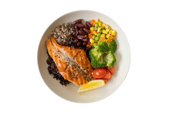 Nutritious Salmon and Vegetable Meal: A culinary composition showcases a perfectly cooked salmon...