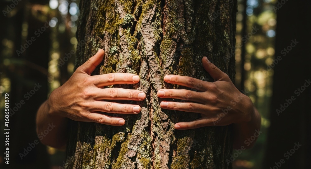 Poster close-up of hands embracing a tree trunk