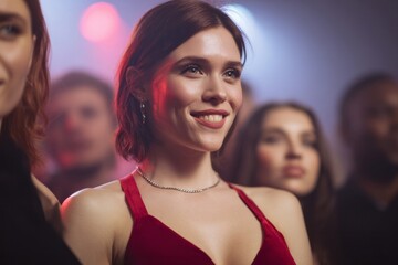 A Caucasian woman in vibrant club lights beams joy, embodying the effervescent spirit of Walpurgis Night and Nuit Blanche