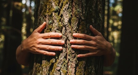 Close-up of hands embracing a tree trunk