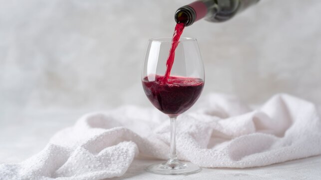 Pouring crimson velvet wine evokes Bacchus festivities and whispers of Dionysian harvest under soft white linens