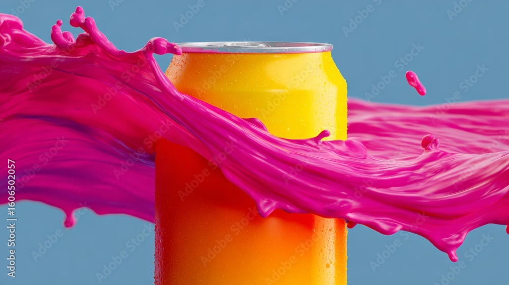 Aufkleber can of soda is splashing in a pink wave. the can is yellow and orange. the splash of the soda is cre