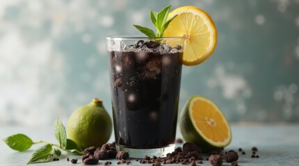 Fototapeta premium Black Lemonade with Lime and Lemon