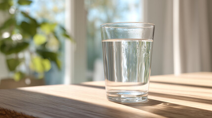 Crystal Clear Hydration: A simple, elegant glass of refreshing water sits on a wooden surface, the sunlight filtering through and casting gentle shadows. A testament to purity, refreshment.