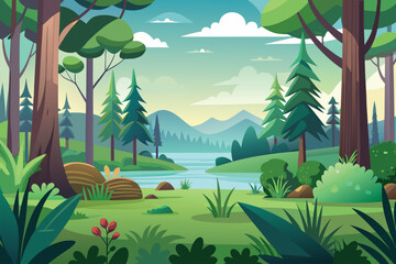 Naklejka premium Tranquil forest landscape featuring vibrant greenery, a serene river, and a backdrop of distant mountains under a clear sky