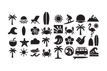 Tropical beach & surf silhouette vector set, bold black icons featuring palm trees, ocean waves, surfboards, retro van, flamingos & coastal elements summer vibes, t-shirts, posters & travel.eps © Shafiavect
