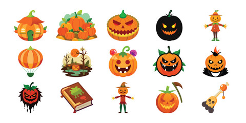 A Vector Cheerful and spooky Halloween pumpkin characters: jack-o'-lanterns, scarecrows, and whimsical autumn scenes. on white background 