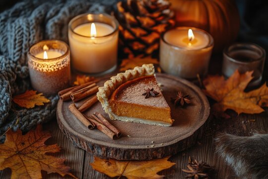 A rustic autumnal scene featuring a slice of pumpkin pie on a wooden board, surrounded by lit candles, autumn leaves, cinnamon sticks, star anise, and a cozy knit throw