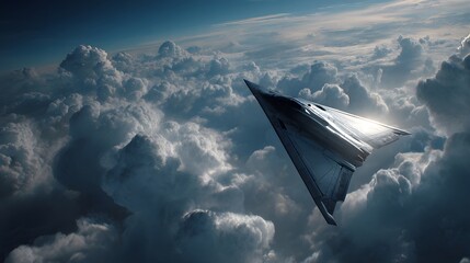 Dark jet soaring through dense clouds at sunset.