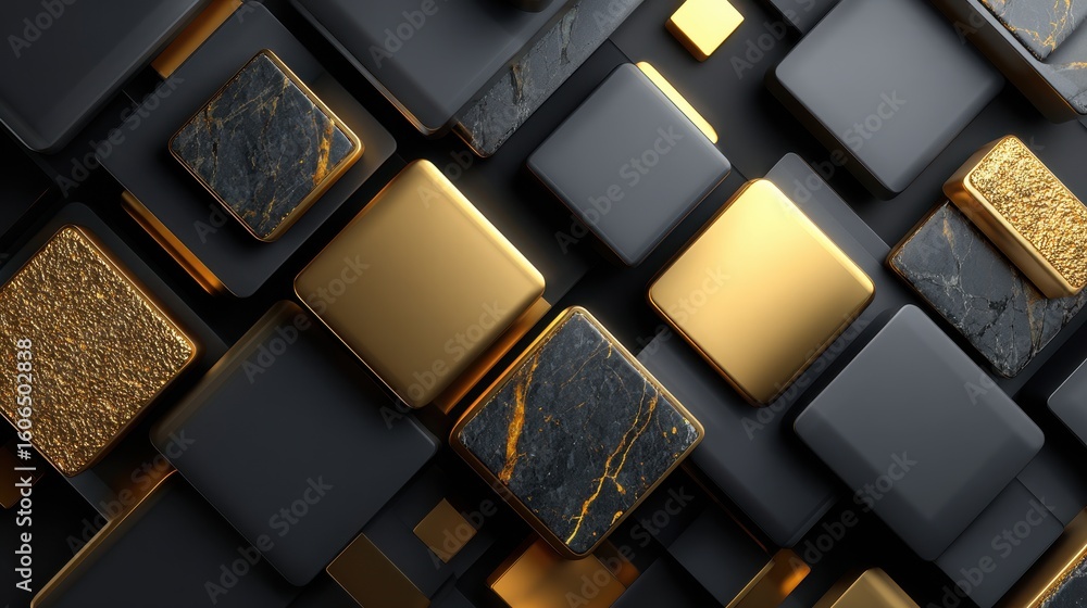Poster artistic arrangement of black and gold geometric shapes creating a modern abstract design in a styli