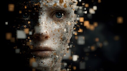 Digital consciousness emerging from fragmented data streams, a face formed by pixels and algorithms, representing artificial intelligence and the future of humanity's evolution