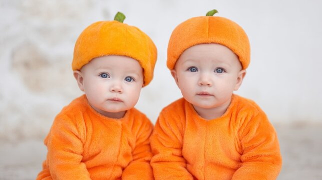 Adorable twin infants in pumpkin costumes, embodying festive autumnal charm, evoke playful Samhain and Dia de los Muertos vibes