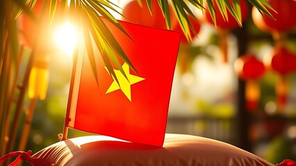 Vietnam National Day flag on silk cushion with bamboo leaves and lanterns