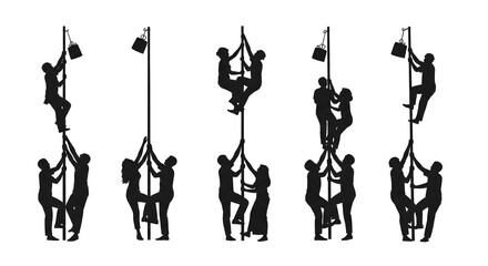 Silhouettes of People Climbing Poles Competitive Teamwork and Collaboration Concept