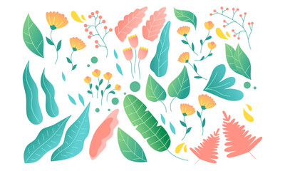 Botanical futuristic leaves and flowers isolated on a white background. Abstract modern foliage collection. Vector illustrations in flat style.