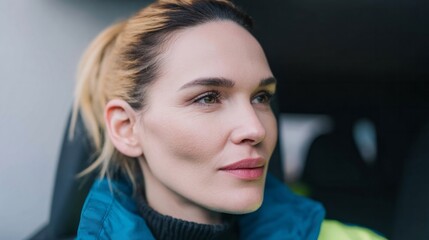 Fototapeta premium A contemplative Caucasian woman with serene confidence, embodying Hygge essence, perfect for International Women's Day or World Kindness Day