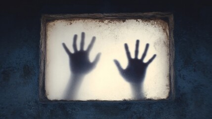 Shadowy hands pressed against foggy glass evoke eerie anticipation of All Hallows' Eve or Paranormal Day mysteries