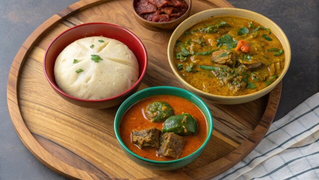 African Dishes in Bowls on Wooden Tray
