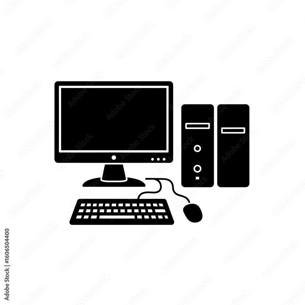 Poster desktop computer icon with monitor keyboard mouse and two computer towers