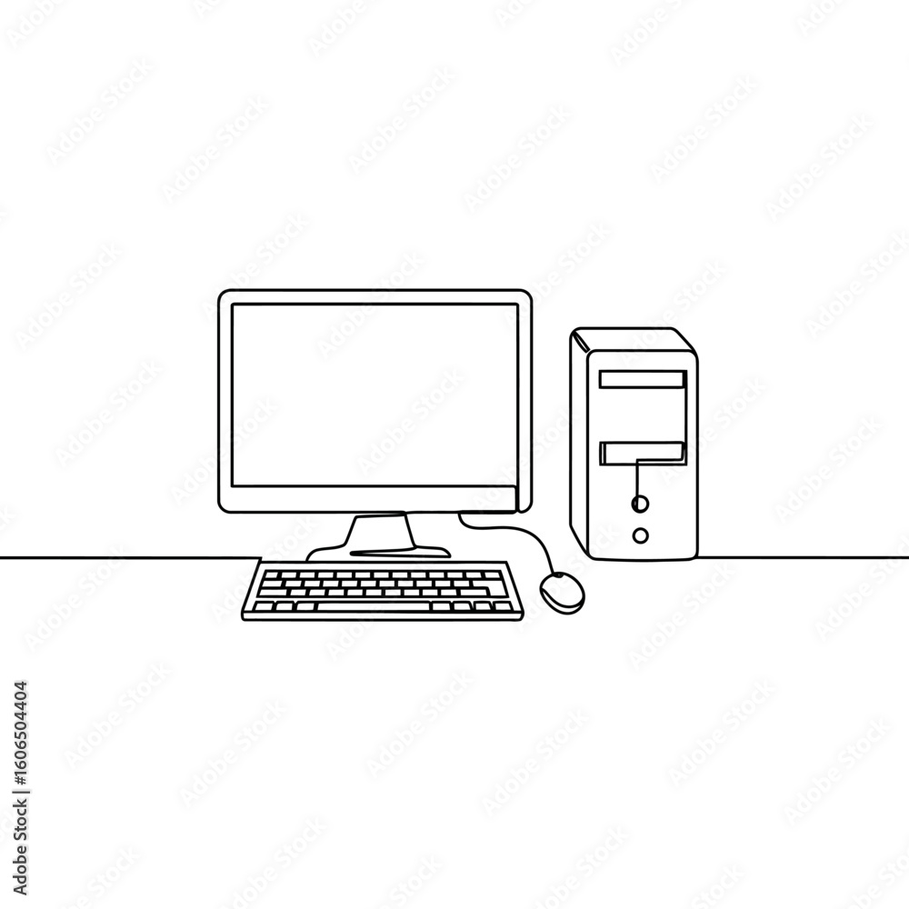 Poster continuous line drawing of a desktop computer with monitor keyboard and mouse